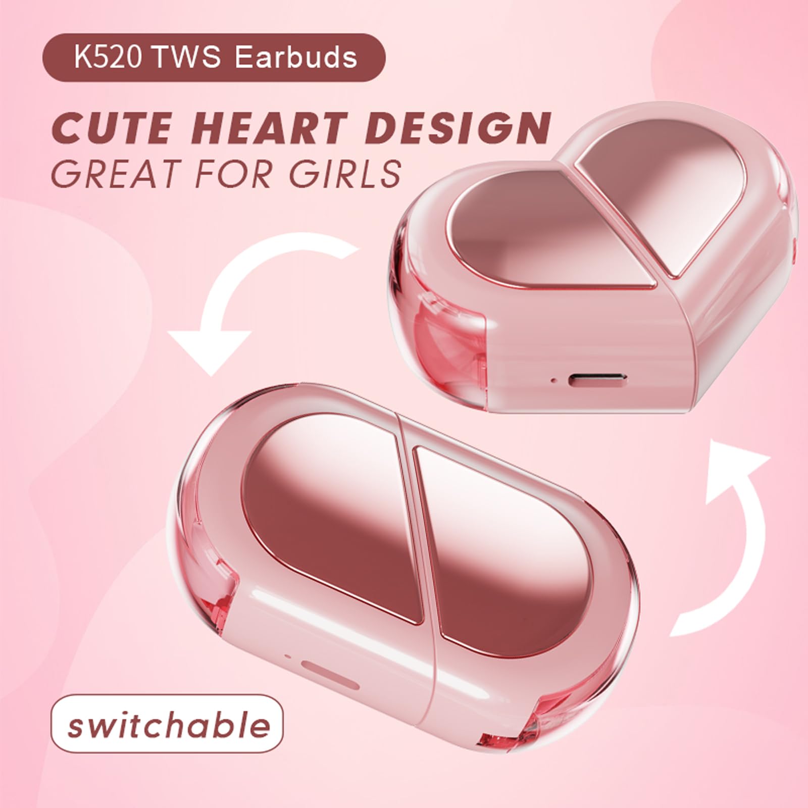 XMENHA Pink Heart Wireless Earbuds for Girls Kids, Cute Mini Tiny Small Invisible Earbuds Wireless Bluetooth for Small Ears Canals Women