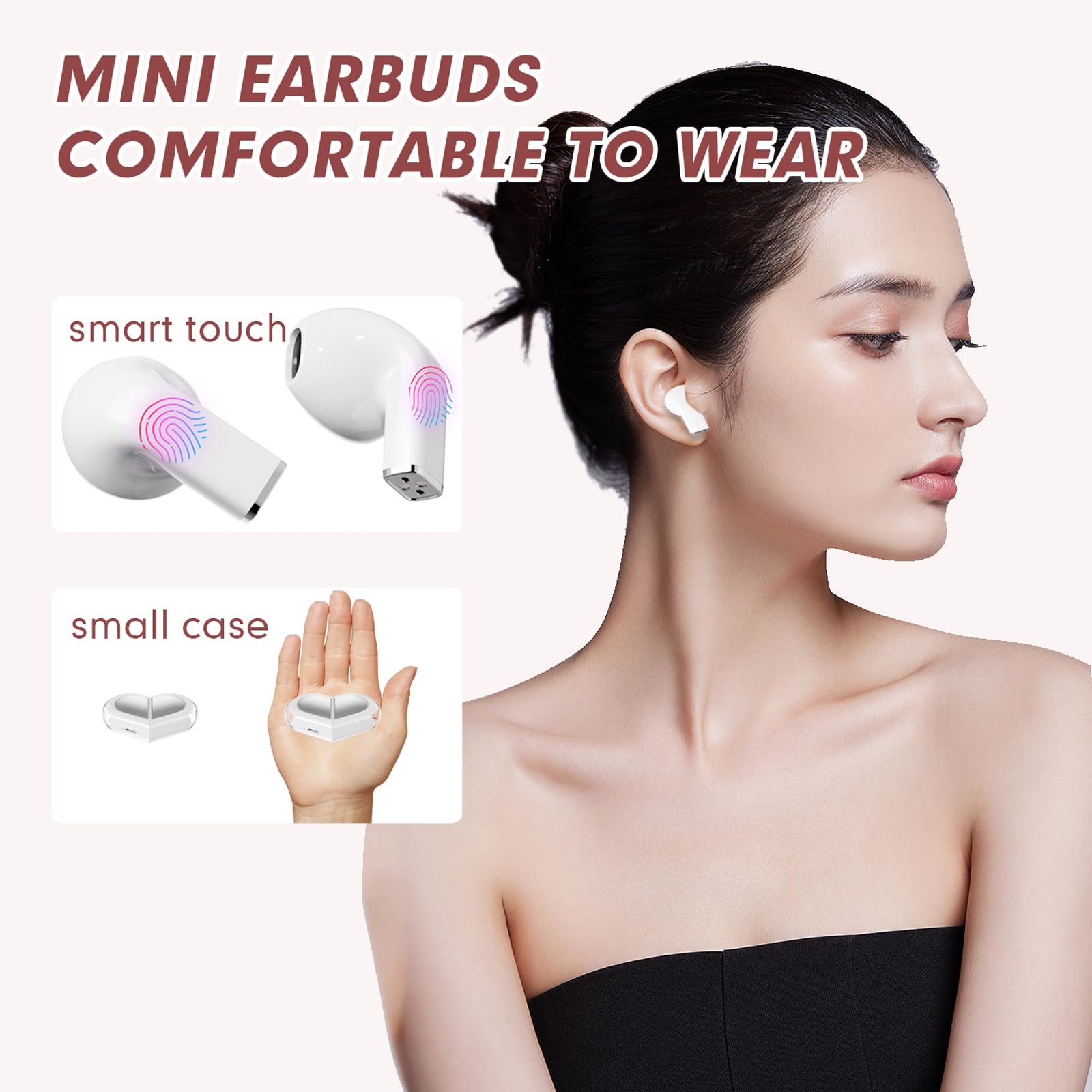 XMENHA Pink Heart Wireless Earbuds for Girls Kids, Cute Mini Tiny Small Invisible Earbuds Wireless Bluetooth for Small Ears Canals Women